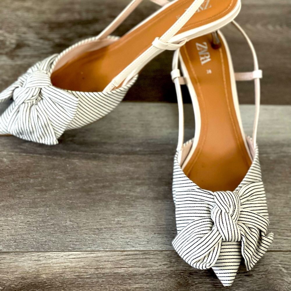 Zara flat slingback low heel. Black and white stripe. Worn once.